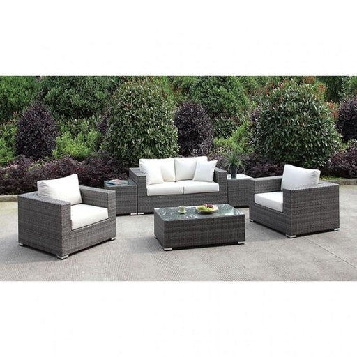 Somani Light Gray Wicker/Ivory Cushion Love Seat+2 Chairs+2 End Tables+coffee Table image